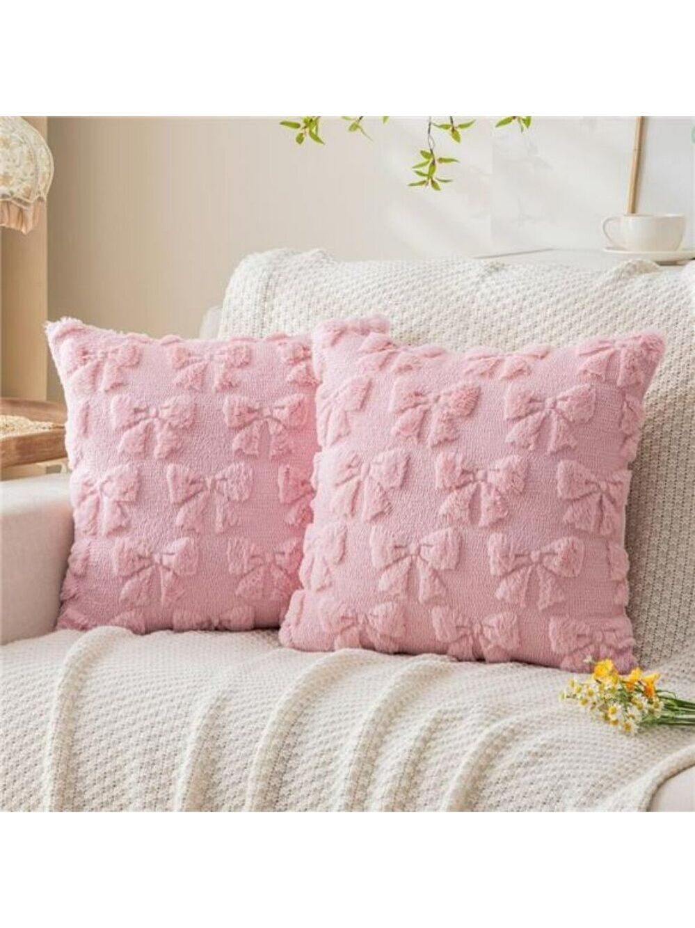 Pink Bow Pillow Covers 18x18 Set of 2 Plush Faux Fur Coquette Christmas Cushion